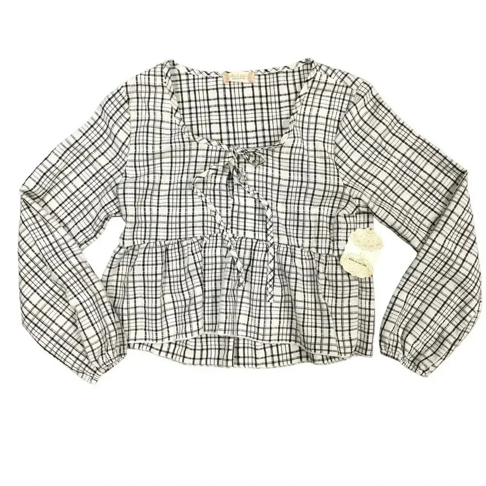 Alter’d State Women’s Black Ivory Plaid Peplum Crop‎ Top Medium NWT